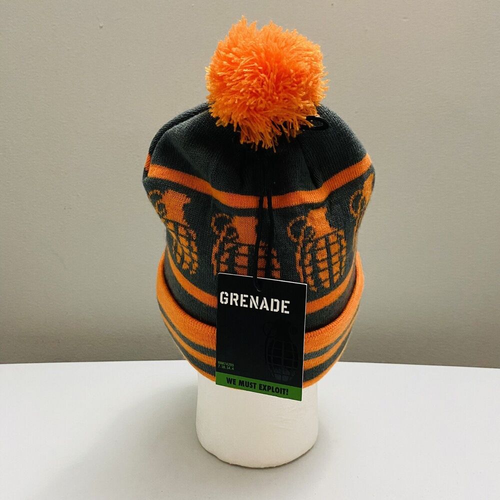 Grenade Letterhead Striped Winter Pom Knit Beanie Cap Hat Orange/Gray One Size - Picture 7 of 8